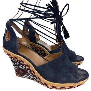 Cabi Isla Aztec Suede Espadrille Wedge Navy Red Boho Leather Shoes Heels sz 8.5